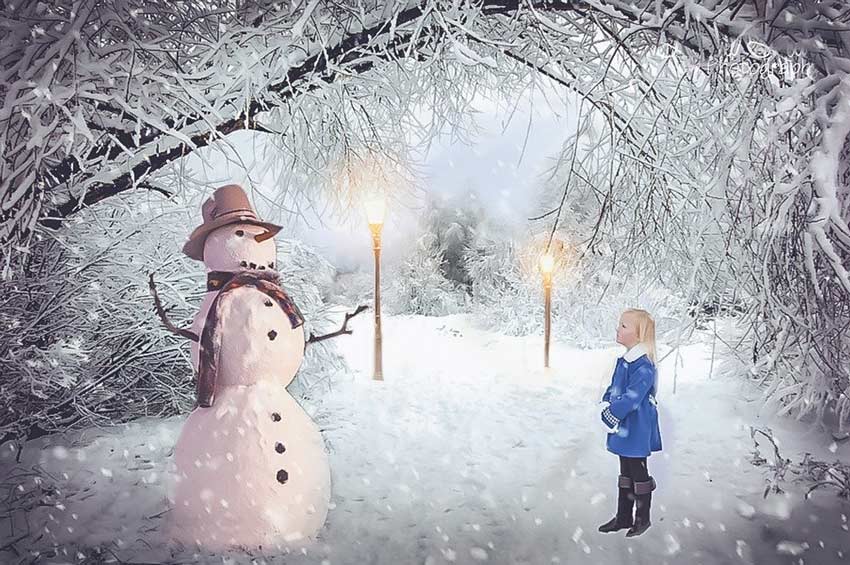 Holsinger Law Office - Season's Greetings - Illustration of a girl looking at a snowman in a snowy road